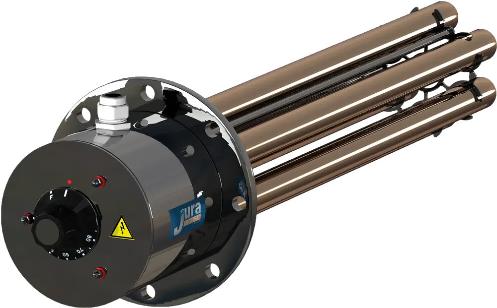 Edelstahl-Flanschheizung mit mehreren Heizstäben, ausgestattet mit Regler und Begrenzer. Produkt von Juratherm, geeignet für industrielle Anwendungen.